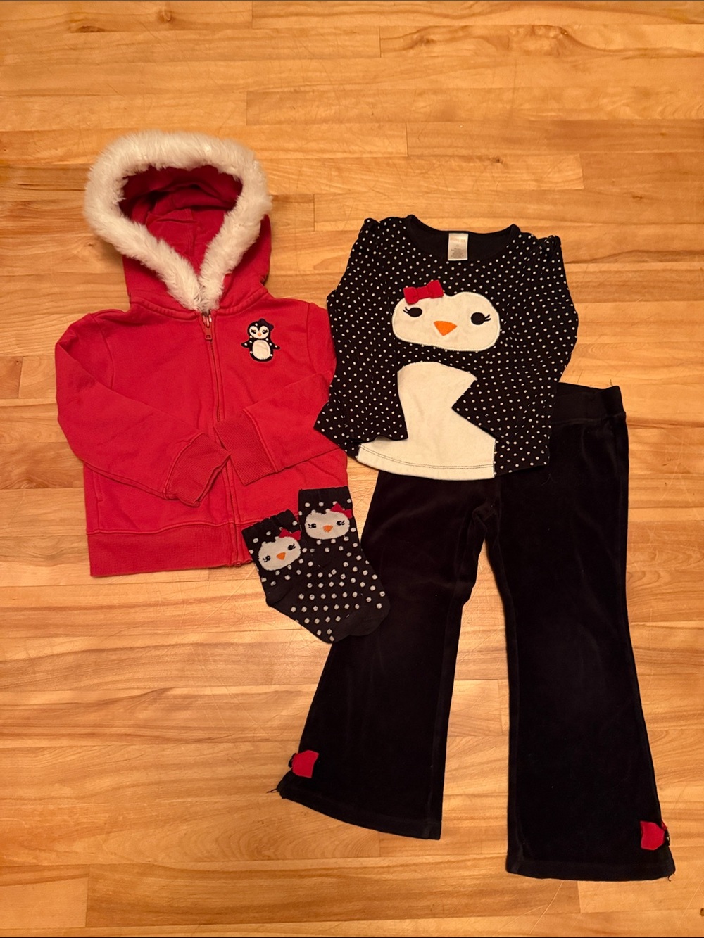 Vintage Gymboree Red Hooded Jacket with Black Penguin Top and Black Pants Set